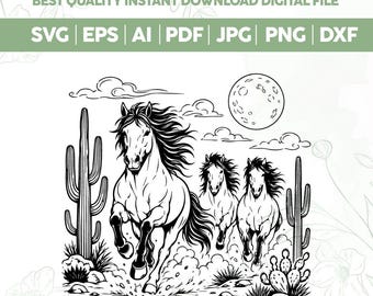 Wild Horses SVG PNG,Retro Moonlight Desert Graphic,Vintage Halftone Illustration,Vintage Western Shirt Design,Country Rustic Png,cricut