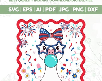 Ganso patriótico preppy SVG, lazo coqueto SVG, diseño femenino coqueto del 4 de julio PNG, ganso patriótico SVG, camiseta infantil roja, blanca y azul PNG, Cricut