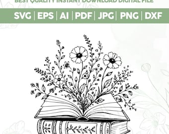 Libro vintage Flores SVG PNG, Camiseta de profesor leyendo Gráfico svg, Ilustración floral amante de los libros png, Estética de lectura svg, Línea botánica bohemia