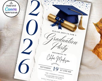 Plantilla de invitación para fiesta de graduación, anuncio de graduación editable en azul y blanco para la promoción de 2026, invitación para la promoción de 2025, descarga digital autoeditable.