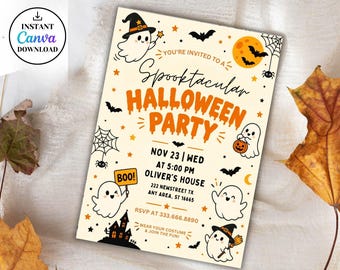 Invitación editable para fiesta de Halloween espeluznante, plantilla de disfraz de fantasma para niños (descarga digital)
