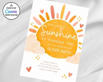 May include: A birthday invitation card featuring a large yellow watercolor sun with orange and pink rays, clouds, and hearts. The text reads: OUR LITTLE Sunshine IS TURNING ONE join us to celebrate with OLIVER SMITH MONDAY, APRIL 18 8PM AT OLIVER'S HOUSE 356 ANYWHERE ANYSTREET,NEW rsvp to smith's dad.