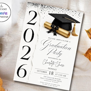 Può includere: Un invito a una festa di laurea con l'anno 2026 in grandi numeri neri. L'invito presenta un cappello di laurea, un diploma e il testo "Graduation Party" e "Charlotte Claire". La data è il 18 ottobre.
