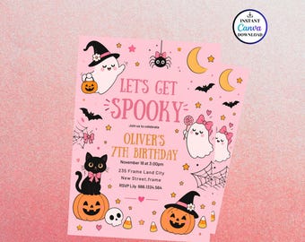 Invitación de cumpleaños rosa espeluznante, invitación de cumpleaños de Halloween para niña, invitación editable para fiesta de Halloween para preadolescentes, invitación espeluznante rosa para preadolescentes Evite B420