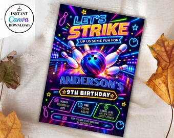 Invitación de cumpleaños editable para jugar a los bolos, invitación para jugar a los bolos con luces fluorescentes, fiesta neón con luces fluorescentes, invitación para jugar a los bolos con niños, ¡A divertirse!, Canva editable