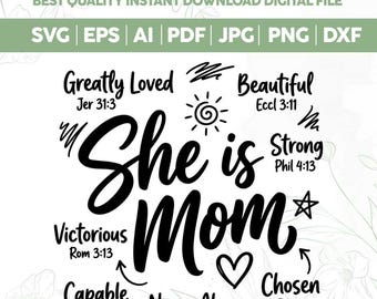 Ella es mamá SVG PNG, Camiseta con versículo bíblico SVG, Regalo para mamá SVG, Mamá de iglesia SVG, SVG inspirador, Camiseta de mamá SVG, Sublimación retro para mamá cristiana