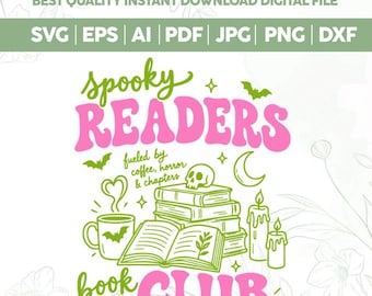 Spooky Readers Book Club SVG PNG, Rolig Halloween-tröjadesign svg, Retro Halloween-bokälskaredesign png, Heta Ghouls läser böcker svg, Cricut Cut