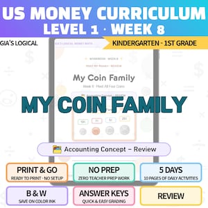 May include: A digital US Money Curriculum workbook titled My Coin Family for kindergarten and first grade. The page features a review of four coins with values of 10c, 1c, 5c, and 25c, alongside text labels for print-ready, no-prep, and answer keys.