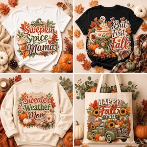 Puede incluir: Una camiseta blanca con el texto 'Swepkin Spice Mama', una camiseta negra con 'But First, Fall', una sudadera beige con 'Sweater Weather Mom' y una bolsa de tela con 'Happy Fall Y'all', todas con gráficos de temática otoñal.