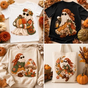 May include: A collection of apparel and a tote bag featuring ghost illustrations with autumn-themed patchwork patterns, including pumpkins, mushrooms, and crescent moons, rendered in warm orange, green, and brown tones on white and black fabric.