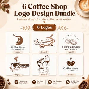 6 Canva Logo Templates Bundle for Coffee Shops & Cafes – Editable Retro Barista, Matcha, and Herbal Tea Branding Kit