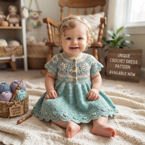 May include: A light blue crochet dress featuring a round neckline, short sleeves, and a button-down front with four wooden buttons. The bodice displays a floral pattern in pastel yellow and lavender, while the skirt has a textured scalloped hem.