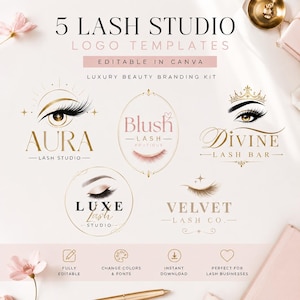 May include: A digital graphic featuring 5 Lash Studio logo templates with gold and black text and icons. The text reads 5 LASH STUDIO LOGO TEMPLATES, EDITABLE IN CANVA, LUXURY BEAUTY BRANDING KIT, AURA, BLUSH LASH BOUTIQUE, DIVINE LASH BAR, LUXE LASH STUDIO, and VELVET LASH CO.