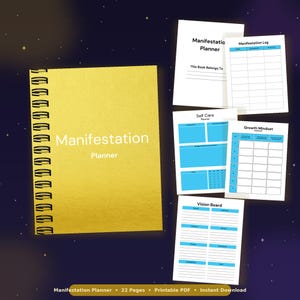 Könnte beinhalten: Ein goldfarbener, spiralgebundener "Manifestation Planner" mit dem Titel in großen, hellen Buchstaben. Mehrere offene Seiten mit blau-weißen Layouts sind sichtbar, darunter ein "Manifestation Log", ein "Self Care Planner" und ein "Vision Board". Der Text "Manifestation Planner" und "22 Pages" befindet sich unten.
