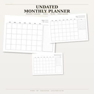 Könnte beinhalten: Ein undatierter Monatsplaner mit mehreren Seiten. Die Seiten enthalten Monatskalender, Notizen, To-Do-Listen und Rasterlayouts. Der Planer ist für jeden Monat und jedes Jahr geeignet.