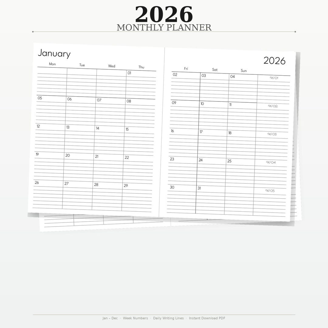 2026 Monthly Planner Printable PDF | Week Numbers | Daily Lines ...