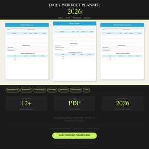 Könnte beinhalten: Ein digitaler Trainingsplaner für 2026 mit Abschnitten für tägliche Trainingsprotokolle, Fortschrittsverfolgung und Wochenübersichten. Enthält 12+ druckbare Blätter im PDF-Format. Zum Verfolgen, Planen, Fortschreiten und Reflektieren.