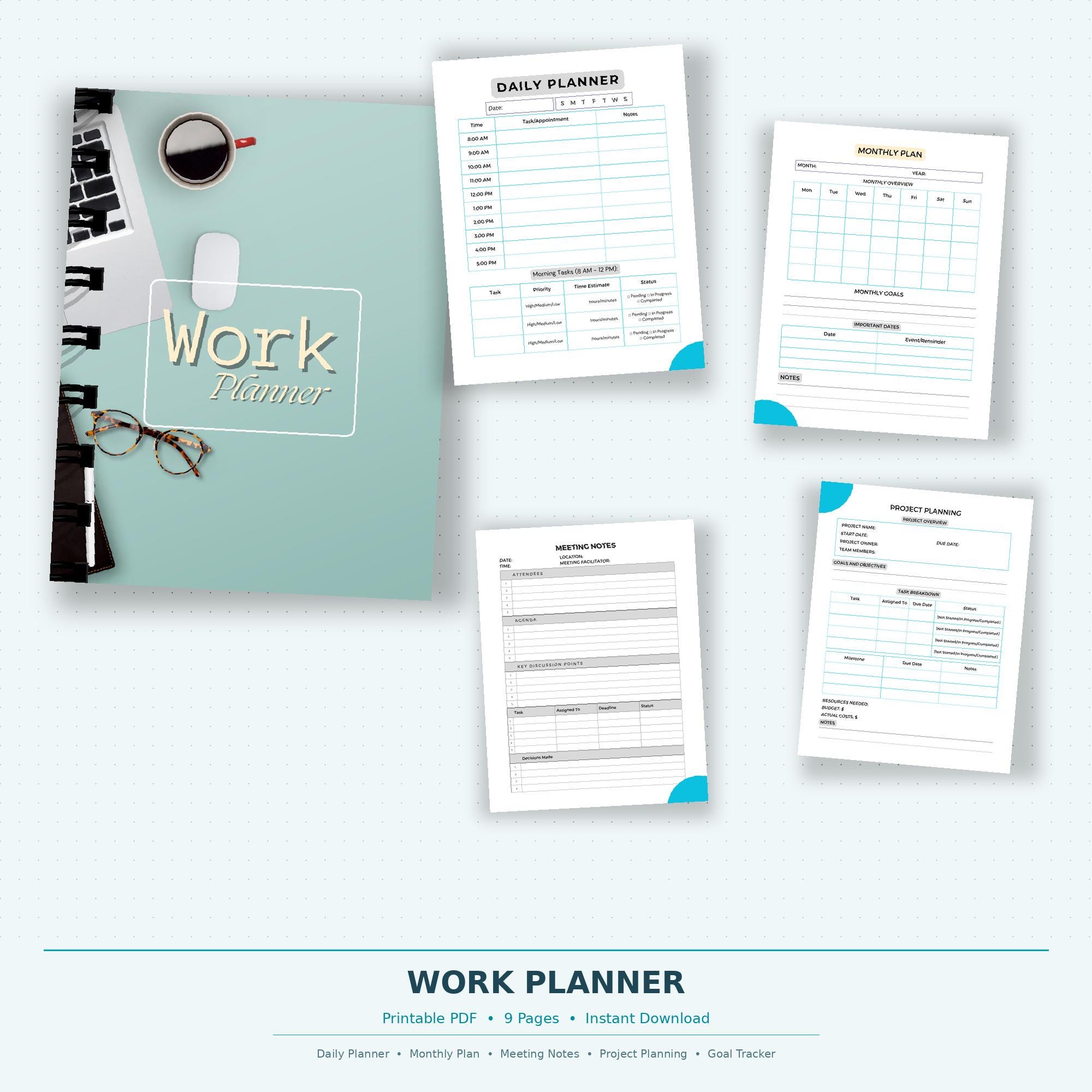 Work Planner Printable PDF | Daily Weekly Monthly Planner for ...
