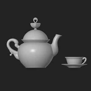 May include: A light grey teapot with a matching teacup and saucer. The teapot features a heart-shaped detail on the lid and a curved handle. The teacup is small and delicate, ideal for serving tea.