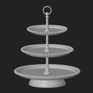 May include: A three-tiered serving stand in a soft white colour. Each tier is a round plate with a beaded edge. The stand has a central column with a loop at the top. Perfect for displaying desserts or appetizers.
