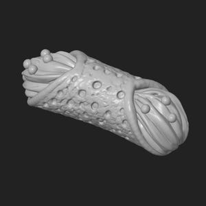 May include: A monochromatic gray 3D model of a cannoli pastry. The cylindrical shell features a textured, pitted surface, while both open ends reveal piped cream filling decorated with small, spherical accents on the surface of the cream.