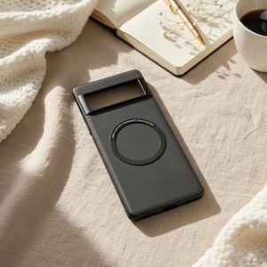 Puede incluir: Una funda de teléfono negra con un soporte magnético circular. La funda tiene un recorte rectangular para la cámara y un acabado mate. El texto "FOR THE WHOLE MAGNETIC CARD HOLDER" está impreso en el soporte. La funda está sobre una superficie beige.