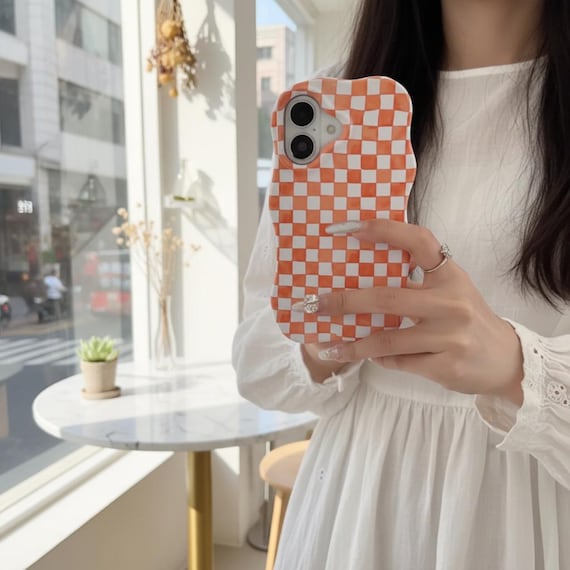 Grid Glossy iPhone Case, Shockproof TPU PC Cover, Wave Edge Grip Phone Case, Slim Protective iPhone Cover, Geometric Phone Case