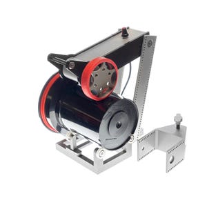 May include: A black and red device with a silver frame. The device has a cylindrical body with a red wheel and a silver bracket. The device is labeled "Universal Tank".