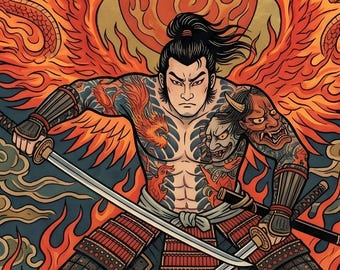 Kunstprint van een vuursamurai - Japanse tattoo-poster van een feniks-krijger, stoere kamerdecoratie, digitale download om af te drukken, feniks-muurdecoratie