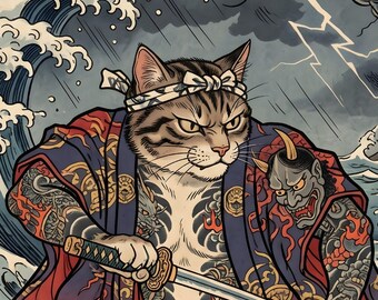 Samurai Kat Ukiyo-e Kunstprint - Japanse Kat met Tattoo Poster, Vintage Houtsnede Krijgerkat Muurdecoratie, Stoer Cadeau voor Dierenliefhebber, Digitale Download