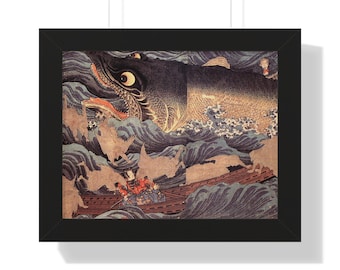 Ingelijste print van een gigantische haai-samurai - Japanse Ukiyo-e oceaanmuurdecoratie, klaar om op te hangen.