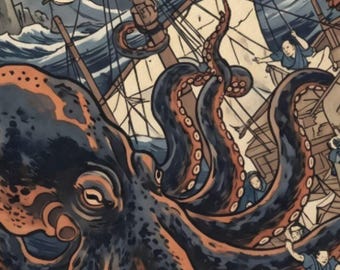 Reuzenoctopus Ukiyo-e kunstprint - Japanse oceaanmonsterposter, nautische wanddecoratie, digitale download