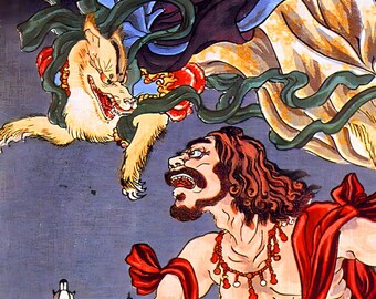 Kitsune vossenmythologie kunst, kleurrijke maximalistische decoratie, Japanse Kitsune poster, wanddecoratie voor gamingkamer, mystiek dier, digitale download