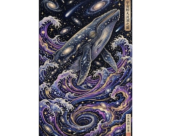Poster van een gigantische kosmische walvis in Ukiyo-e-stijl - Japanse sterrennevel muurdecoratie, retro fantasie oceaanprint, hoogwaardig mat papier, gedrukt en verzonden.
