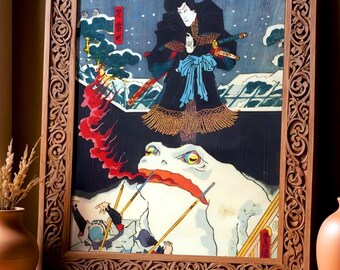 Reuzenpad Ninja Print, Vintage Japanse Muurdecoratie, Utagawa Kunisada, Yokai Poster, Dark Academia Decoratie, Printbare Digitale Download