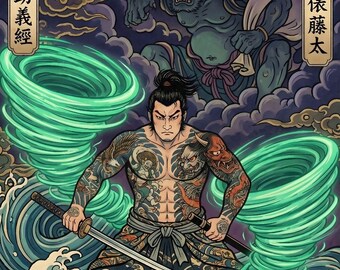Wind Samurai kunstprint - Japanse tattoo Fujin krijger poster, tornado muurdecoratie, stoere gaming kamer decoratie, digitale download
