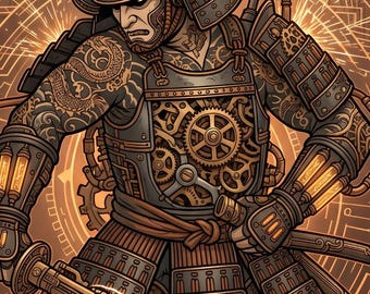 Steampunk Samurai Gear kunstprint - Retro futuristische Japanse krijgerposter, stoere decoratie voor je gamingkamer, digitale download