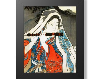 Ingelijst portret van een samoeraifluit (Ushiwakamaru) | Vintage Japanse kunst voor een stoere kamerinrichting (Ushiwakamaru)