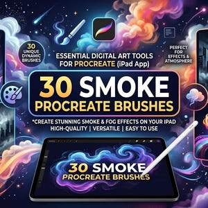 Puede incluir: Herramientas de arte digital para Procreate, con 30 pinceles de humo. La imagen muestra una tableta con un lápiz óptico, rodeada de ejemplos de efectos de humo y niebla. El texto dice "30 Smoke Procreate Brushes".