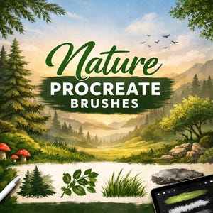 May include: Digital art illustration with the text "Nature Procreate Brushes" in green. The image features a scenic landscape with mountains, trees, and a lake. Additional elements include a stylus, a tablet, and examples of brushes.