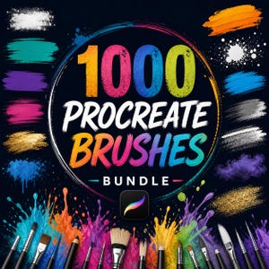 May include: A digital art bundle advertisement with the text "1000 Procreate Brushes Bundle" in a colorful design. The image features paint strokes, paint splatters, and a variety of digital art brushes. The Procreate app icon is also included.