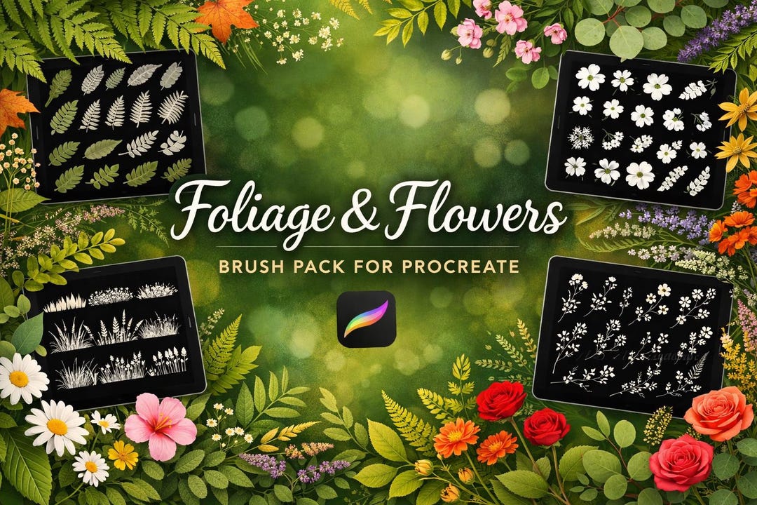Foliage & Flowers Procreate Brush Pack | Botanical Leaf Drawing Digital ...