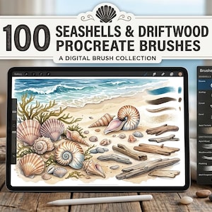 May include: A digital brush collection for Procreate featuring 100 seashells and driftwood brushes. The image shows a tablet displaying a beach scene with seashells and driftwood, along with a stylus and a brush selection menu.