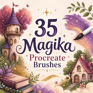 May include: An illustrated image featuring the text "35 Magika Procreate Brushes." The artwork depicts a whimsical scene with a castle, a cottage, books, and a paintbrush creating a colorful, magical design. Stars and floral elements are also present.