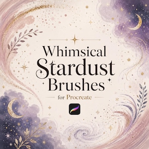 May include: A digital graphic featuring the text Whimsical Stardust Brushes for Procreate. The design includes purple and cream clouds, golden crescent moons, stars, and leafy branches arranged in a circular pattern around the central text.