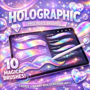 May include: A digital art advertisement for Procreate brushes. The image features a tablet displaying colorful holographic brush strokes. Text includes "HOLOGRAPHIC PROCREATE BRUSHES," "10 MAGICAL BRUSHES!" and "CREATE VIBRANT HOLOGRAPHIC ART!" The background is a shimmering purple and pink.