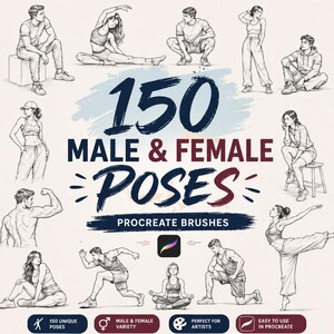 May include: Digital art product cover with the text "150 Male & Female Poses" in a bold, dark blue font. The image features sketches of people in various poses, with additional text indicating the product is for Procreate brushes.
