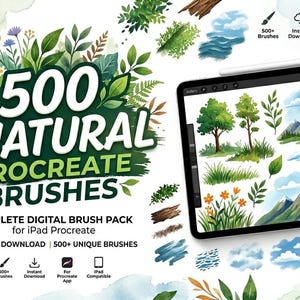 May include: An iPad Procreate digital brush pack featuring 500 natural brushes. The image shows a tablet displaying nature-themed illustrations, including trees, mountains, and foliage. The text reads "500 Natural Procreate Brushes".