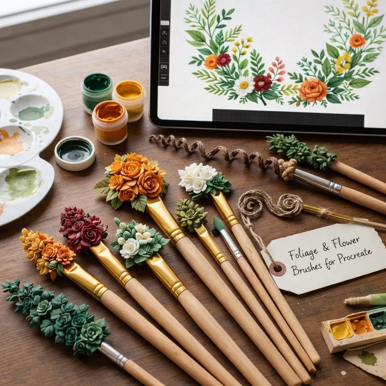 Foliage & Flowers Procreate Brush Pack | Botanical Leaf Drawing Digital ...