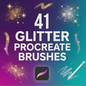 May include: A digital art image with a purple and teal gradient background. The text reads "41 Glitter Procreate Brushes." The image shows examples of glitter brushes and the Procreate app icon with a rainbow feather.